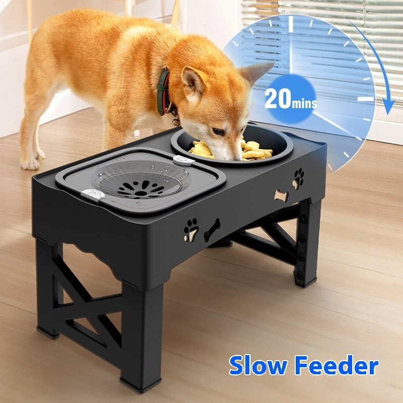 Adjustable Elevated Dog Feeder — Slow Feed Double Bowl Stand