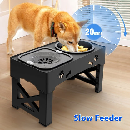 Adjustable Elevated Dog Feeder — Slow Feed Double Bowl Stand